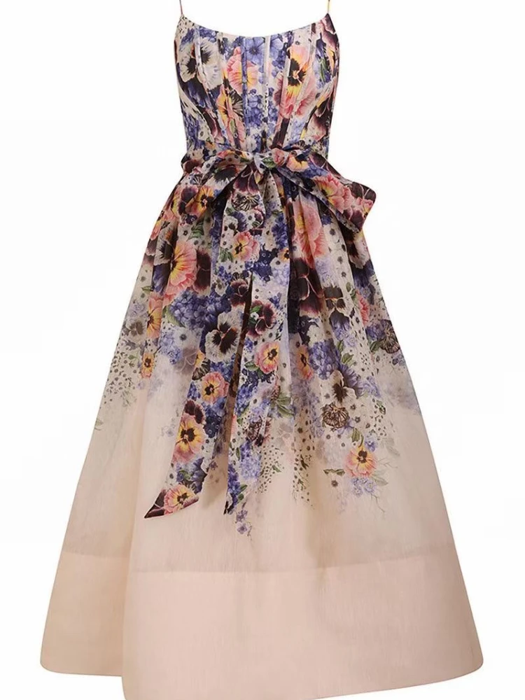 

Party Clothing 2023 Top Quality Linen Silk Purple Floral Printing Gradient Corset Slim Straps Midi High Waist Dresses Women