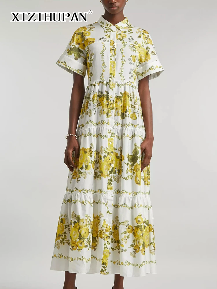 

XIZIHUPAN Temperament Floral Printing Dress For Women Lapel Short Sleeve High Waist Folds Hit Color Casual Long Dresses Female