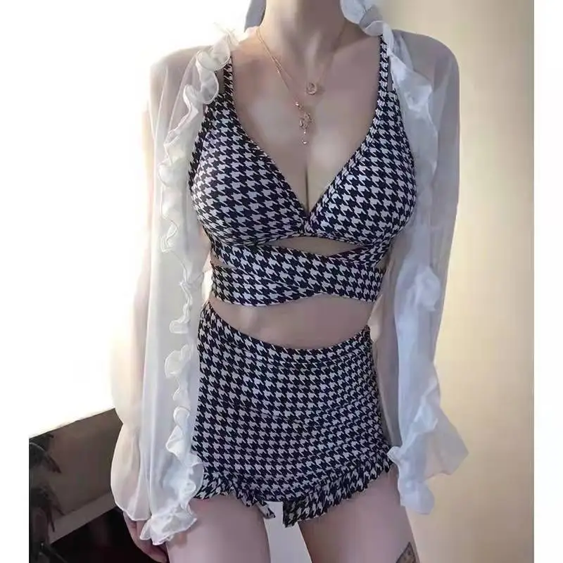 

Korean 2022 Song Zhiya Star Same Swimsuit Thousand Bird Lattice Cross Strap Women Sexy Bikini Set Ladies Swimwear Female Suit