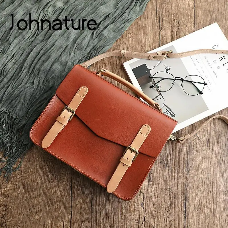 Johnature Genuine Leather Retro Women Bag Versatile Messenger Bags Natural Cowhide Solid Color Casual Shoulder & Crossbody Bags