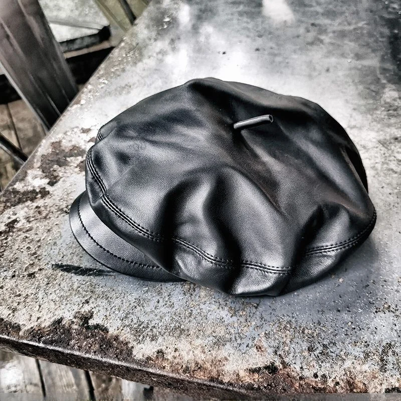 Genuine Leather Octagon Cap Black Handmade Painter's Hat for Female Autumn Winter