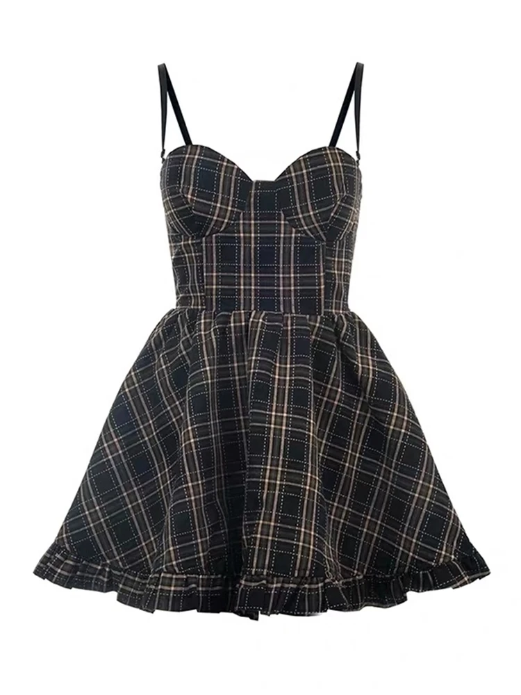 Женское платье на бретельках винтажное в клетку стиле ретро без рукавов E194 лето