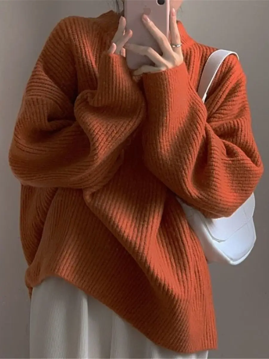 Крутой однотонный топ оверсайз Женский Оранжевый вязаный свитер топы Зимний