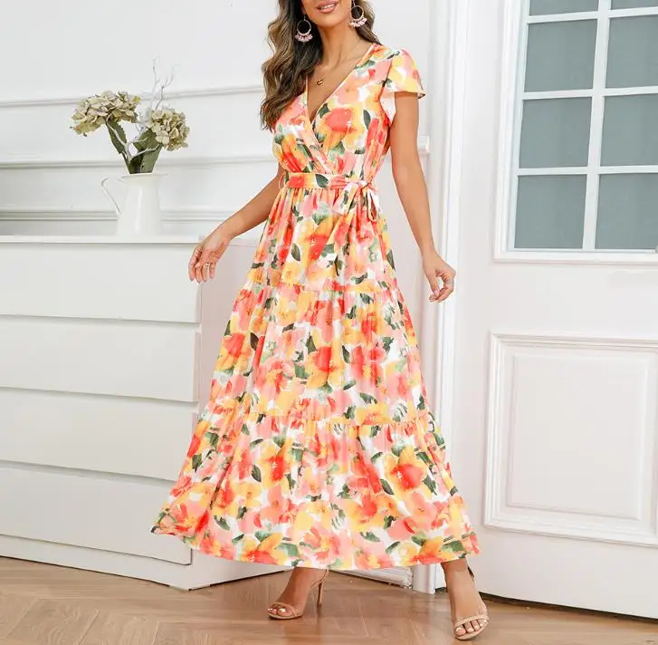 

Dresses for Women 2023 Summer Fashion Lotus Sleeve V-Neck Short Sleeve Dress Bohemian Print Casual Vacation Long Dress Vestidos