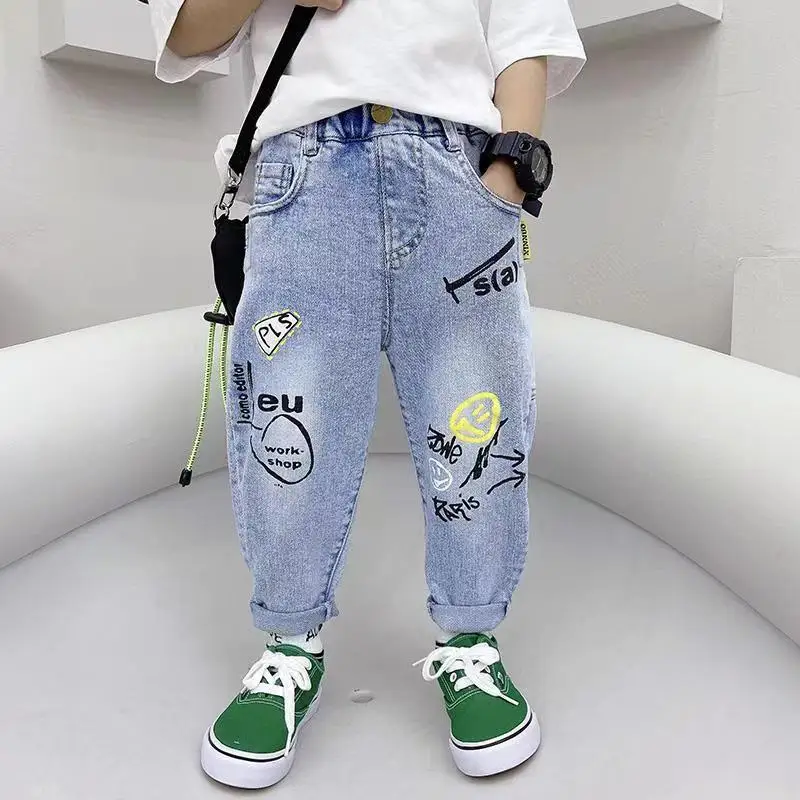 Boys Jeans Spring And Autumn Korean Style Handsome 22 New Children's Graffiti Jeans Boy Casual Pants