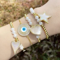 gold plated beads bracelets for women white shell big heart pendant evil eye bracelet elastic bracelets statement jewelry brtf76
