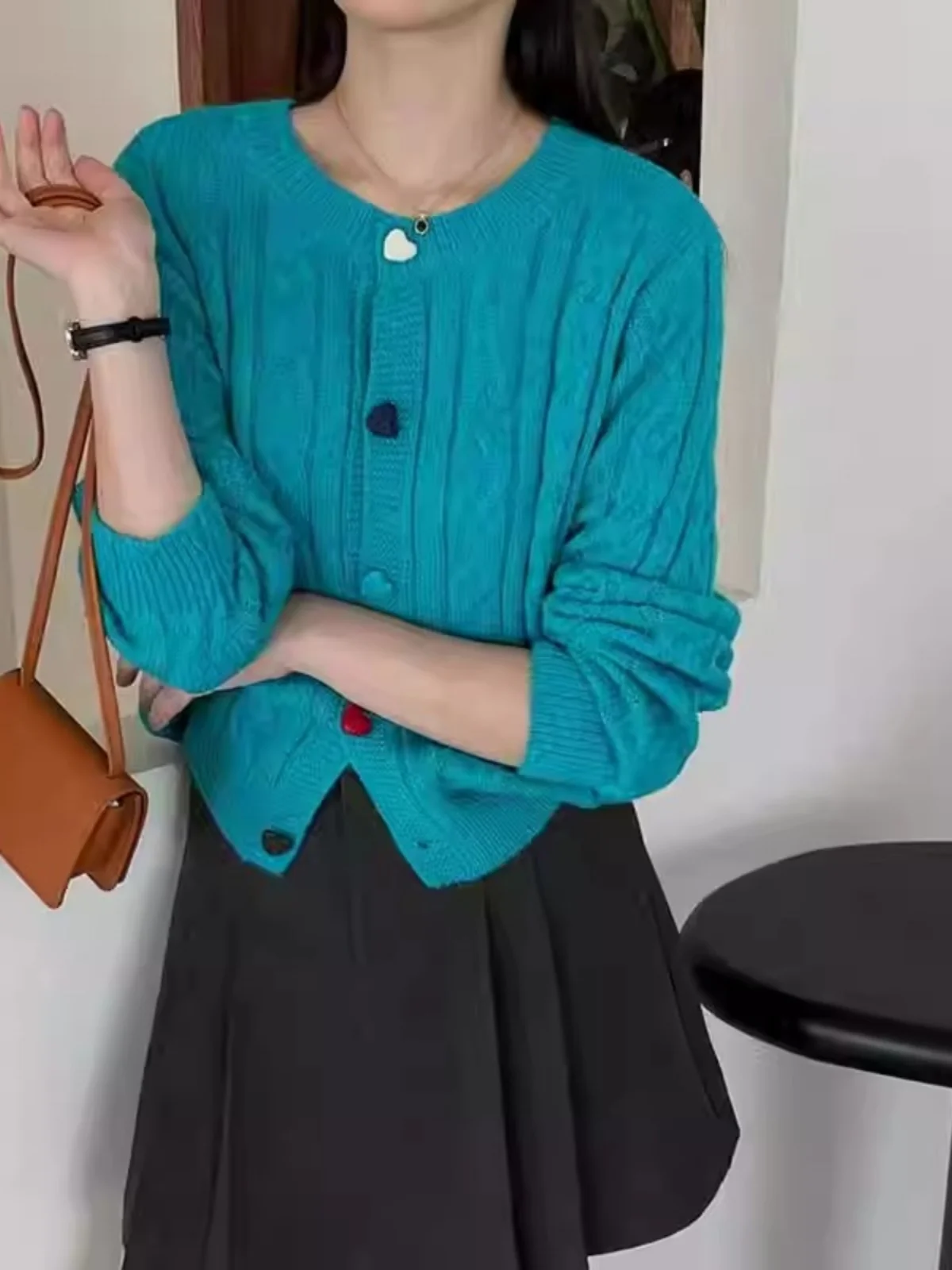 2024 Autumn and Winter All-Matching Retro Twist Color Love Button Solid Round neck sweater Knit cardigan Long sleeve Women's ...