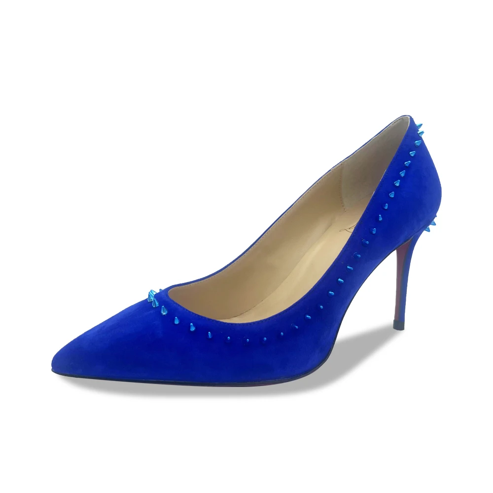 

Туфли-лодочки женские на каблуке, украшение с заклепками, заостренный носок, пикантная вечерняя Обувь из коровьей замши, подарок для лучшег...