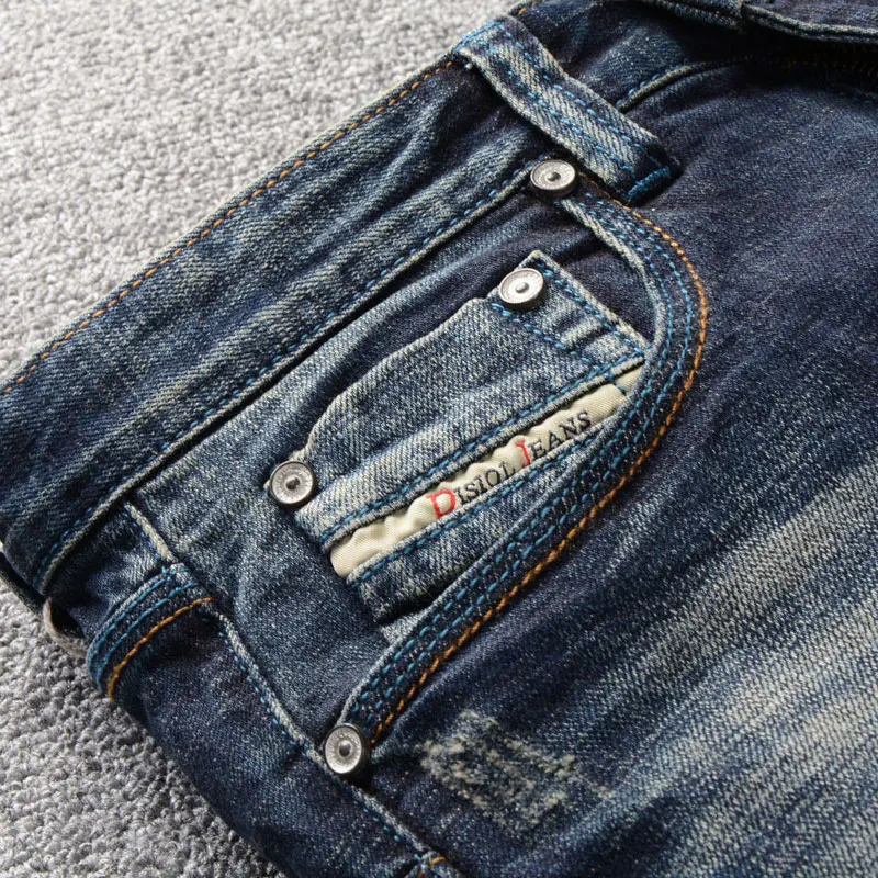 Italian Vintage Fashion Men Jeans Retro Black Blue Stretch Slim Ripped Jeans Men Embroidery Patch Designer Casual Pants Hombre