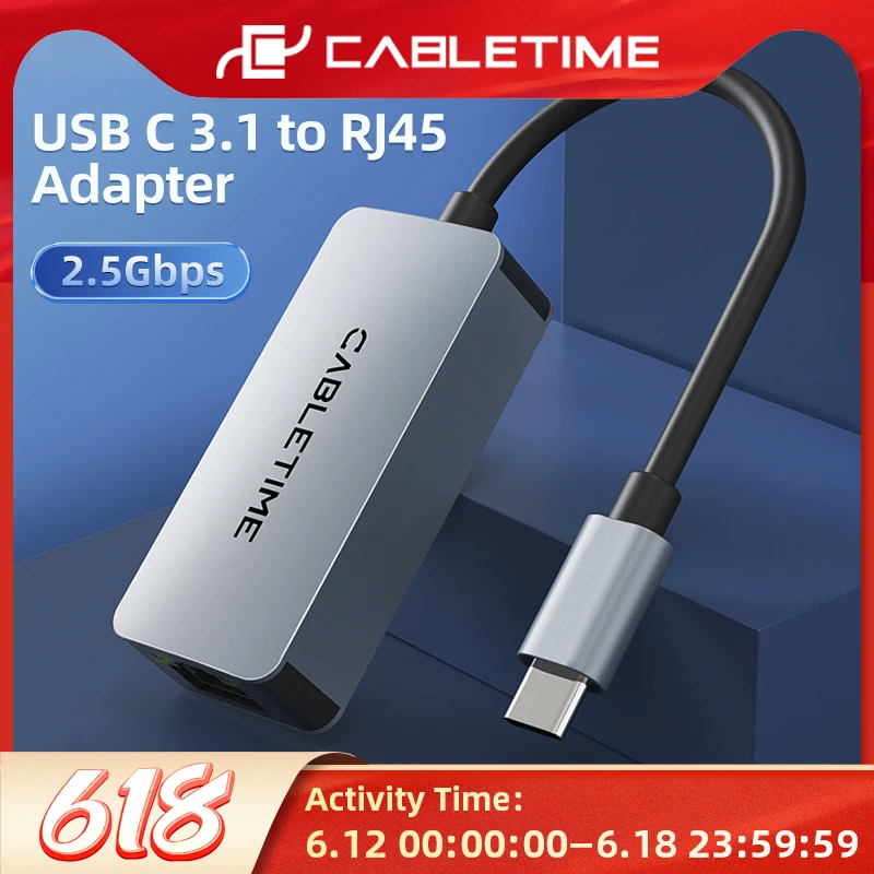 CABLETIME 2.5Gbps USB C Ethernet Adapter USB 3.1 LAN RJ45 Network for Computer Laptop Dell ASUS Mi Box C445