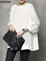 women elegant shirts casual round neck blouse vonda 2022 vintag 23 sleeve patchwork tops blusas feminina s