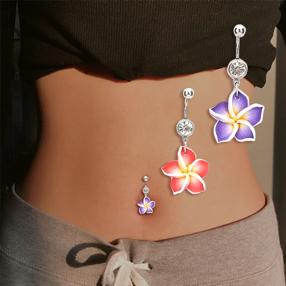 

1Pc Luxury Clay Flower Navel Ring Stainless Steel Pink Colorful Flowers Women Belly Button Ring Navel Piercing Jewelry