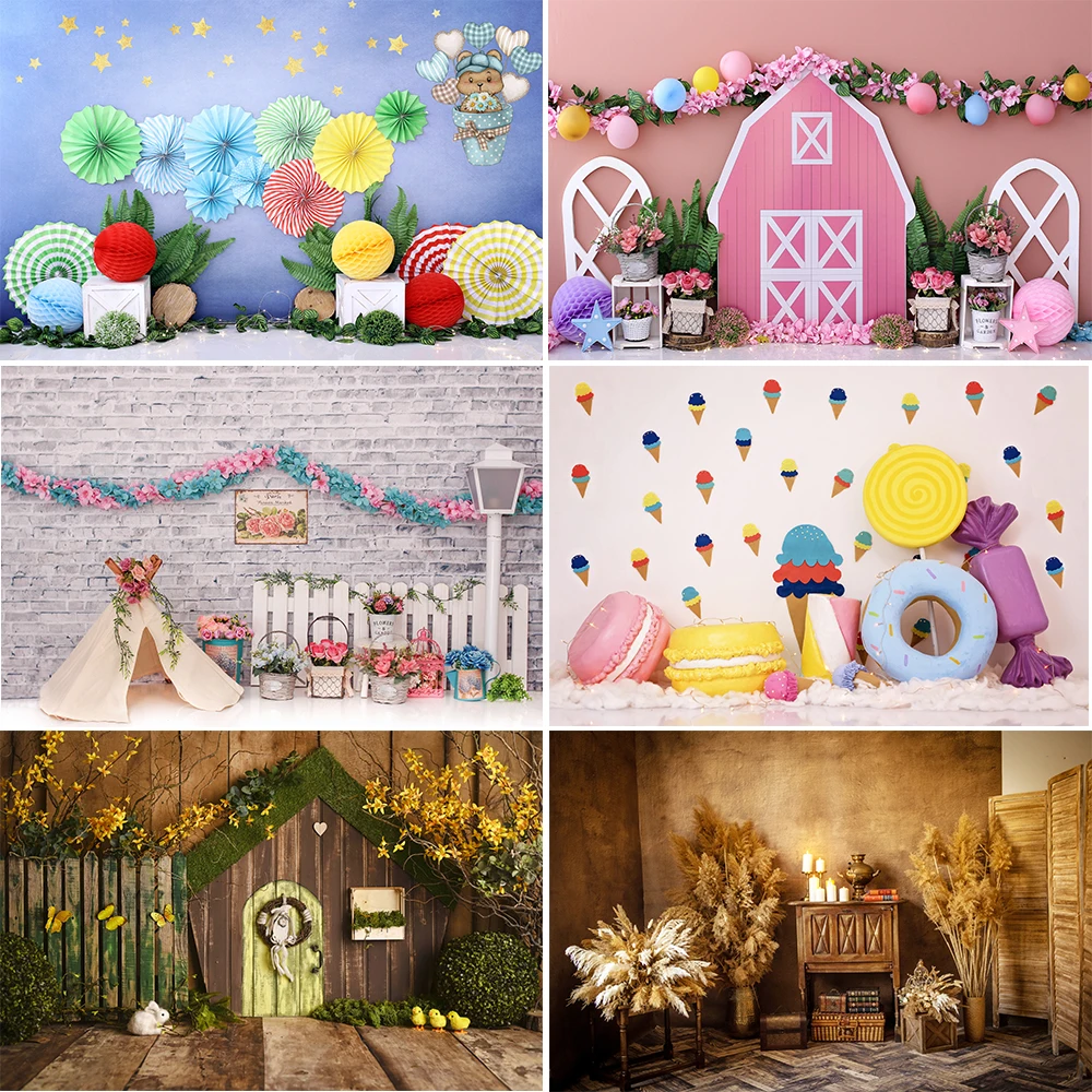 

Bonvvie Photography Backdrop Baby Children Balloon Flowers Wood Door Cake Smash Portrait Photocall Background for Photo Studio