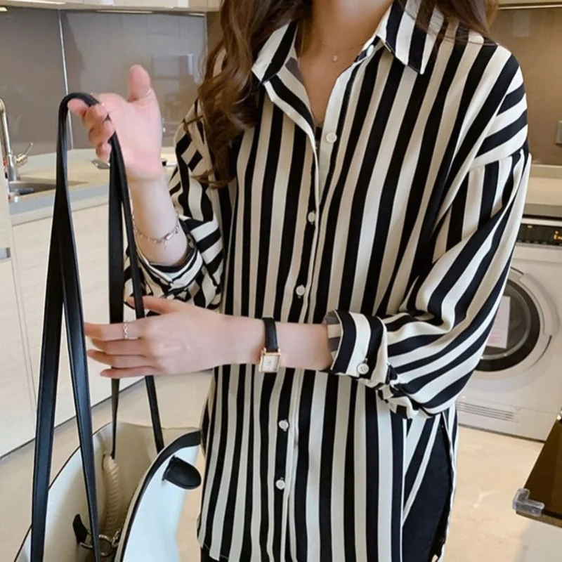 Spring Summer Korean Design Loose Striped Shirt Women's Thin Retro Long Sleeve Chiffon Blouse Button Cardigan Clothes Women
