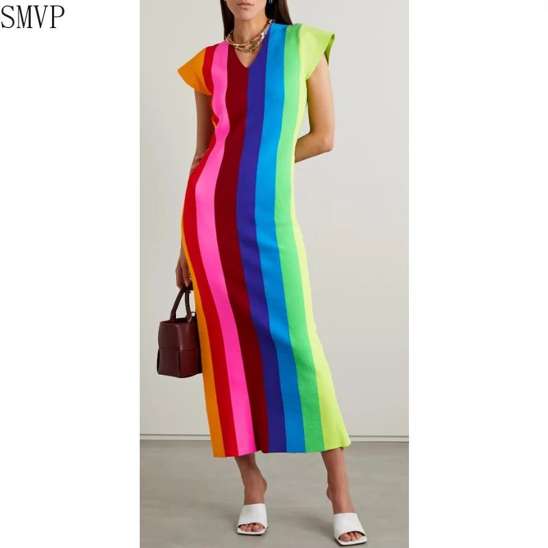 2023 Summer New V-neck Rainbow Stripe Print Long Dress Cute Age Reducing Birthday Dress Sleeveless Senior Dress Streetwear