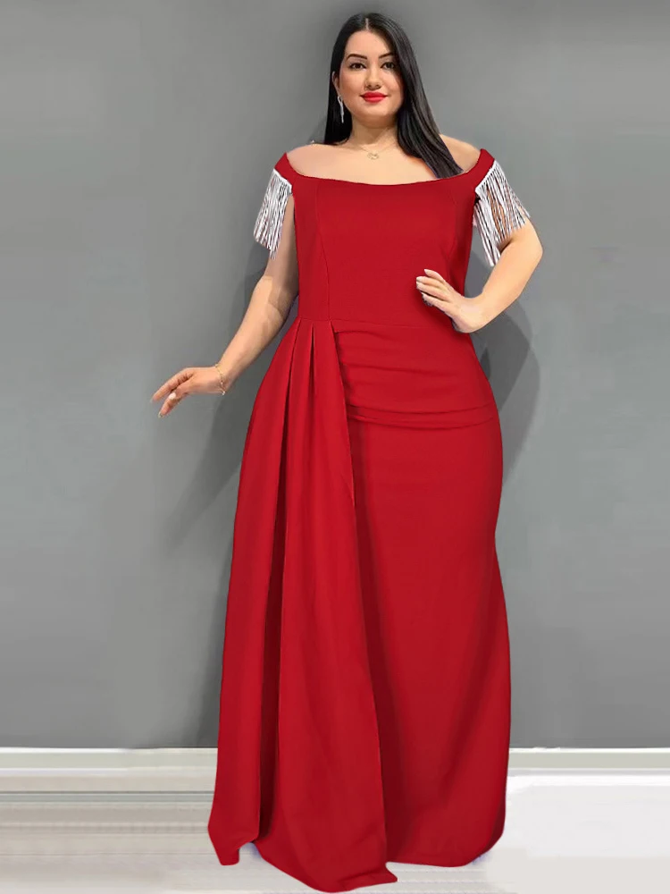 

Elegant Women Wedding Bridesmaid Dresses African Party Prom Evening Gown Off Shoulder Tassel Bodycon Trailing Dress Long Robes