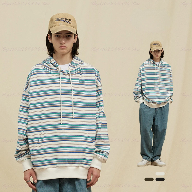 

Original Hoodies Tide Brand Loose Heavy Cotton Y2K Sweater National Tide Casual Striped Hooded Sweater Autumn Winter Streetwear