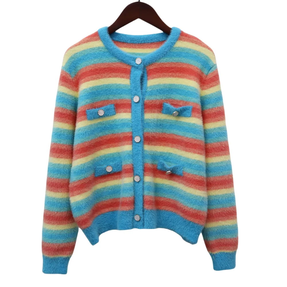 

GTGYFF Women's Striped Cardigan Sweater Trendy Long Sleeve Button Down Crewneck Knit Cardigans Rainbow Outfits