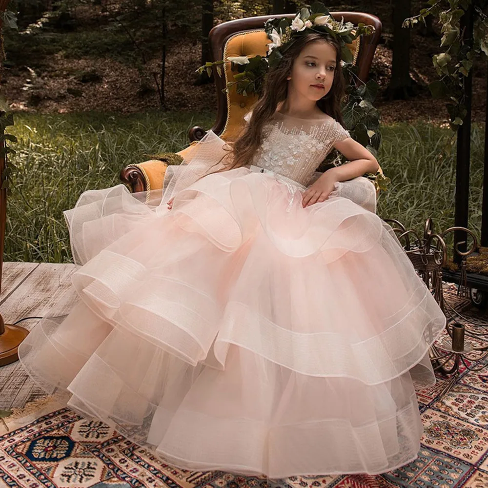

Elegant Ruffles Ball Gown Flower Girl Dresses Pink Appliques Kids Princess For wedding Pageant Gowns Vestidos De Fiesta