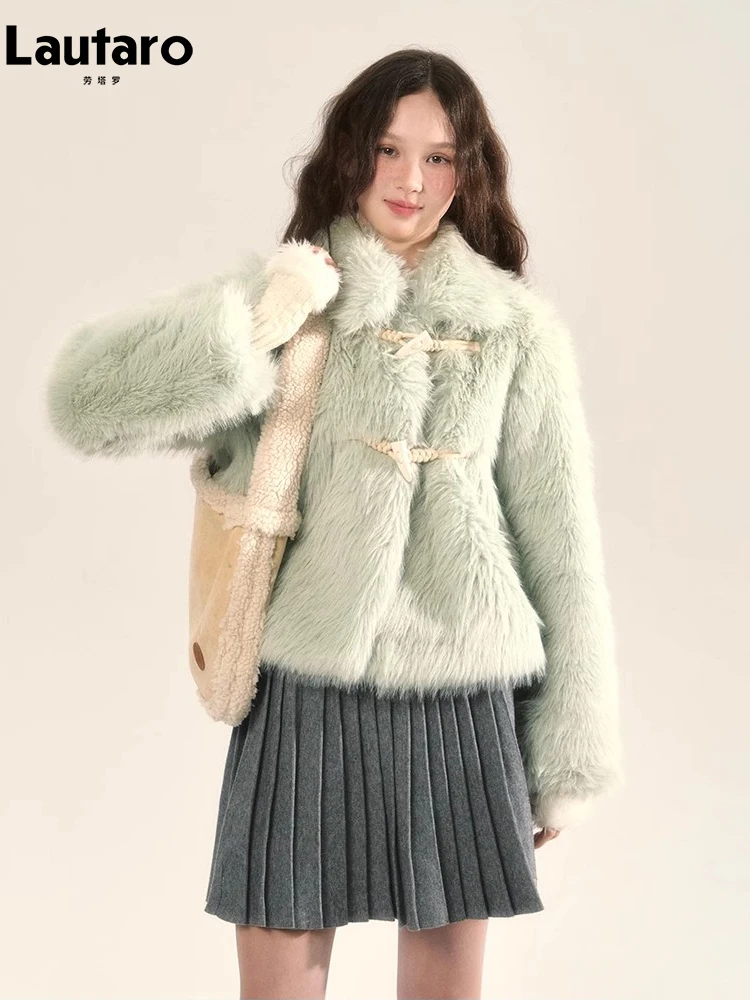 

Lautaro Autumn Winter Thick Warm Soft Milky Green Hairy Faux Fur Coat Women Horn Buttons Loose Luxury Chic Fluffy Jacket 2023