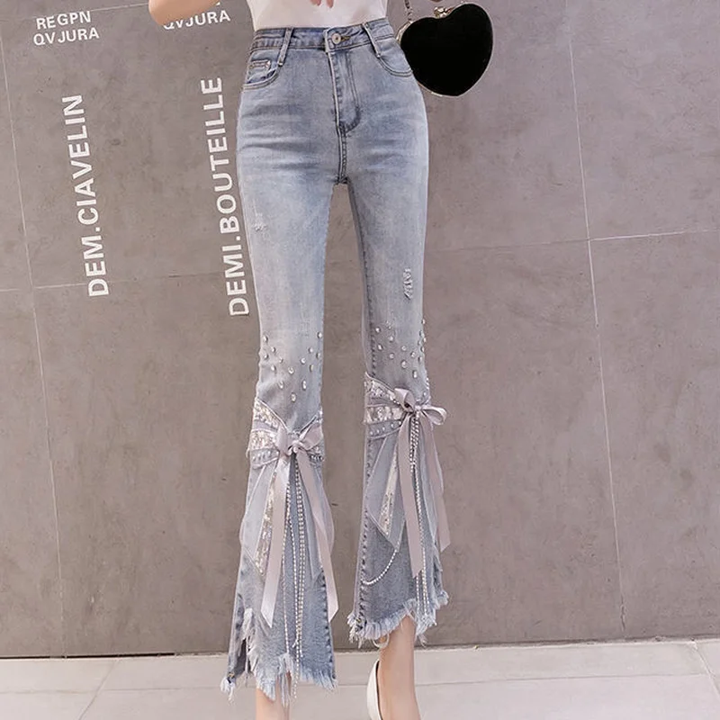 

Women's Autumn 2021 New Irregular Beaded Flared Denim Pants Harajuku High Waist Frayed Nine-point Jeans Female Elegant Trousers