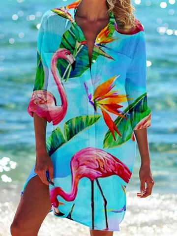Women Fashion Summer Long Sleeve Blouses Turn Down Blusa Button Up Office Shirt Outwear Beach Sunscreen Blouse Pocket Boho Tops