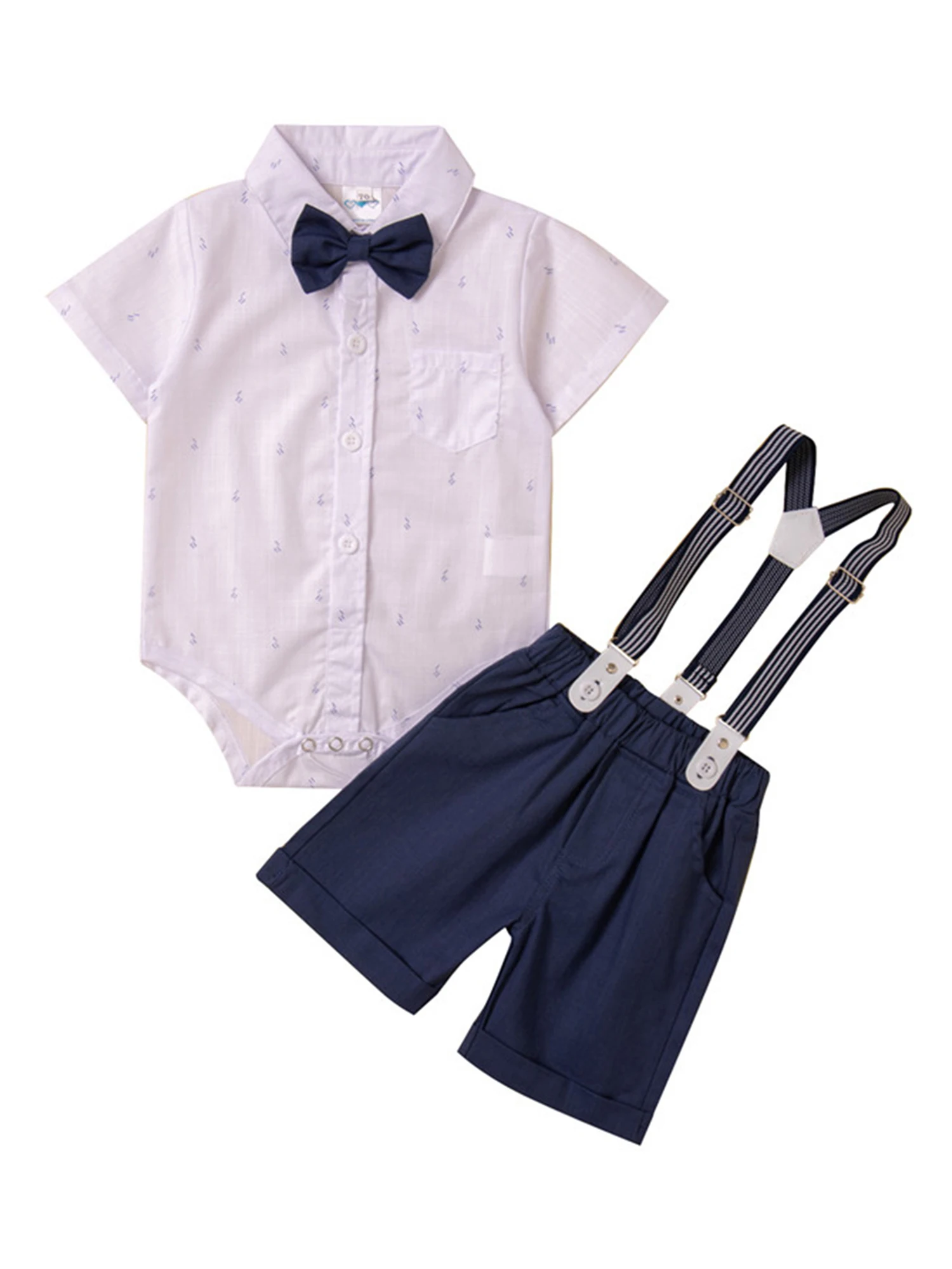 

Toddler Baby Boy Gentleman Clothes Outfit Button Short Sleeve Jumpsuit with Bow Tie Tuxedo Bodysuit Romper Shorts Set