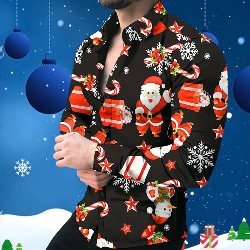 Christmas Shirts For Men Designer Clothes Long Sleeve Blouses Vintage Tops Spring Autumn Male Thin Lapel Printed Casual Blouses