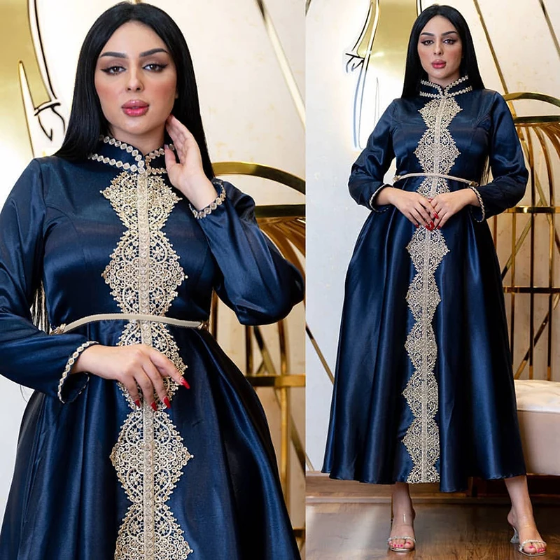 Satin Embroidery Abaya Dubai Turkey Muslim Dress Women 2022 Solid Color Tunic Eid Morrocan Kaftan With Gown Arabic Evening Dress