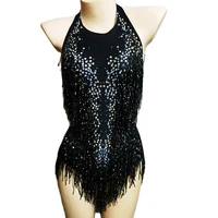 shiny costume for women black rhinestones fringes bodysuit backless sexy bodycon nightclub party dance show wear stage outfit