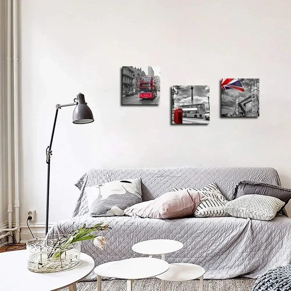 Modern Prints Red Bus On London Street Black And White Wall Art Union Jack Decor Paintings Canvas For Home Décor
