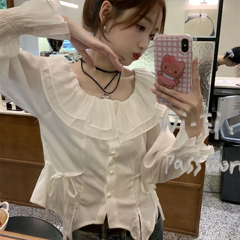 Рубашки и блузки на шнуровке Корейская Осенняя модная женская блузка Топ с