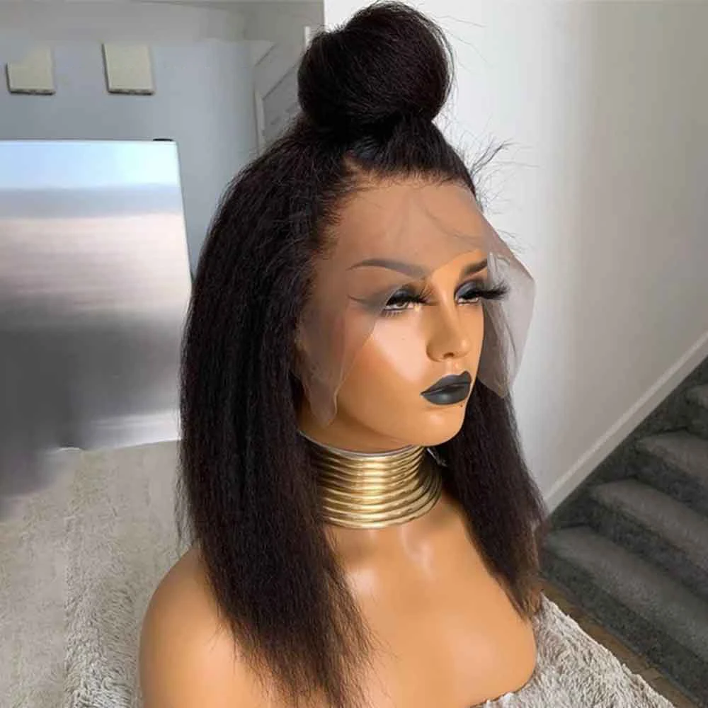 

Yaki 200Density Natural Black Short Bob Soft Kinky Straight Lace Front Wig BabyHair for Women Preplucked Heat Resistant Glueless