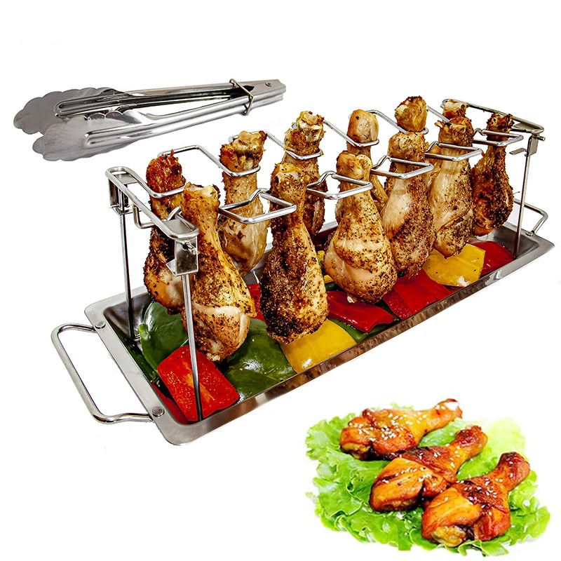 

BBQ Chicken Leg Wing Rack 14 Slots Stainless Steel Barbecue Drumsticks Roaster Stand with Drip Tray for Smoker Grill or Oven