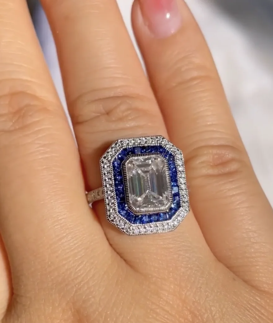 JOVOVASMILE Emerald Cut 3carat Moissanite Rings 0.95ct Lab Royal Blue Sapphire 585 Au750 Classic 9k Gold Rings For Women Jewelry
