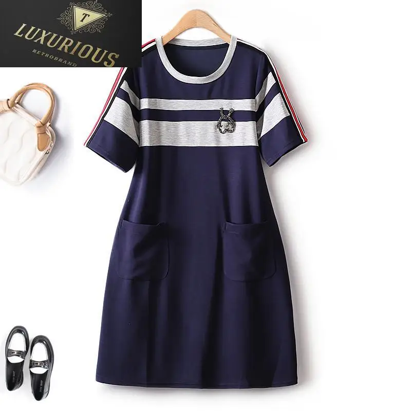 

College Style Summer New In Dresses 2023 Loose Casual Stripes Hit Color Hot Diamond Short Sleeve Chic Elegant Female Dress