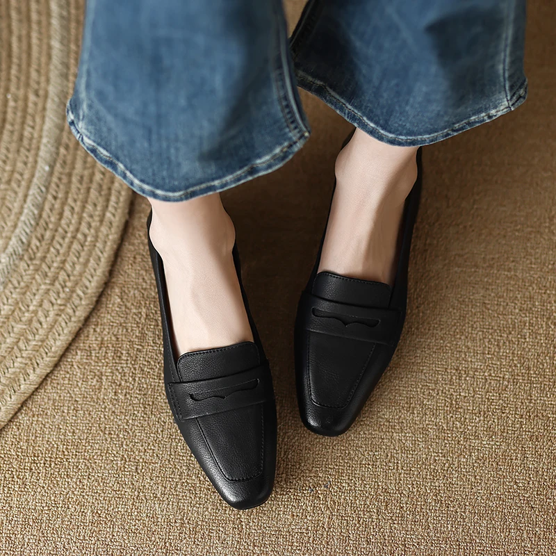 2023 Spring/Autumn Women Loafers Square Toe Chunky Heel Women Shoes NEW Genuine Leather Shoes Women Casual Retro Pumps for Women