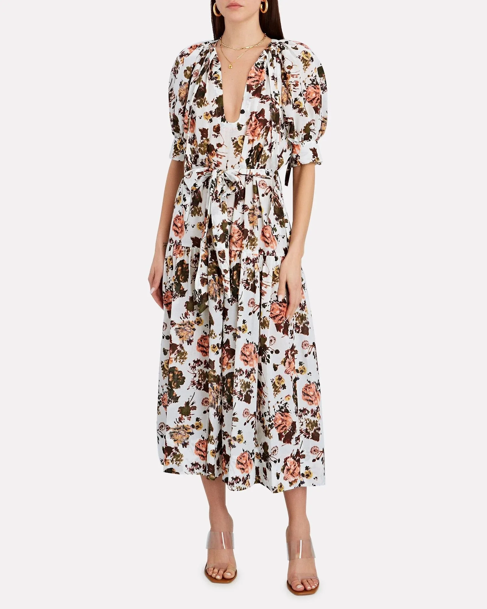 

Floral print ladies cotton midi dress high waist fashion women long dress