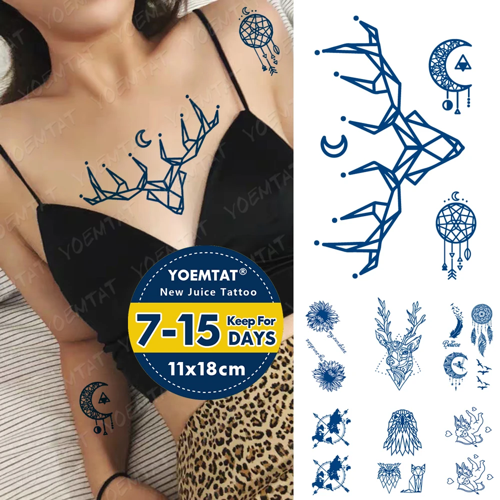 

Blue Ink Juice Waterproof Temporary Tatto Sticker Deer Angel Feather Flower Body Art Fake Tattoo Men Women 3D Lasting Tattoos
