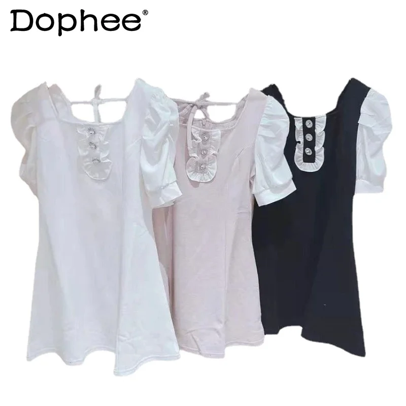 

2023 Japanese Lolita Style Classic Low Collar Puff Short Sleeve Wooden Ear Small Slimming Dress Summer Vestidos Women Clothing