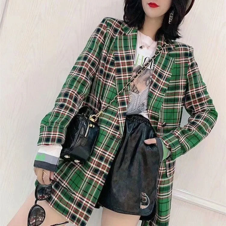 Vintage Checkered Suit Jacket Spring Autumn Casual Loose Double Breasted Green Suit Trendy Korean Outerwear