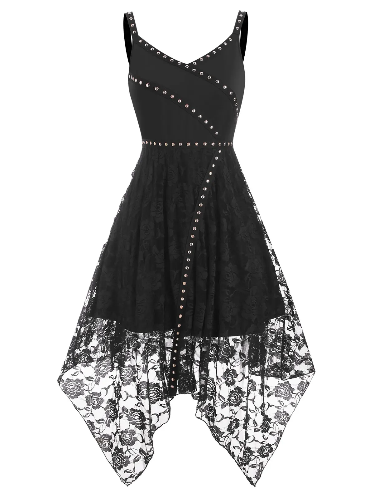 

Rivets Lace Overlay Asymmetrical Sleeveless Dress