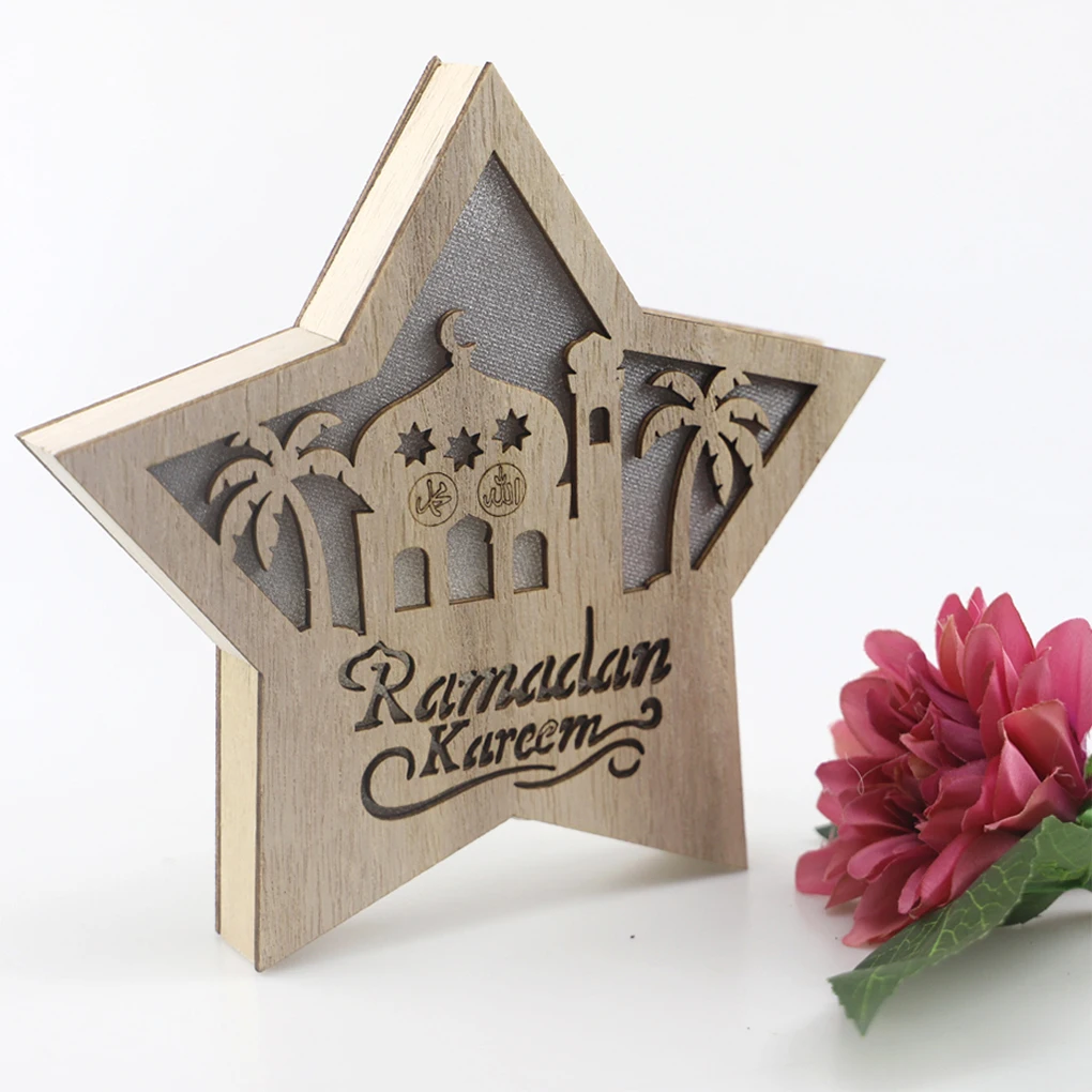 

Eid Decorations Natural Mubarak Lamp Exquisite Ramadan Table Decoration Five-pointed Wood Star Shape LED Lamps