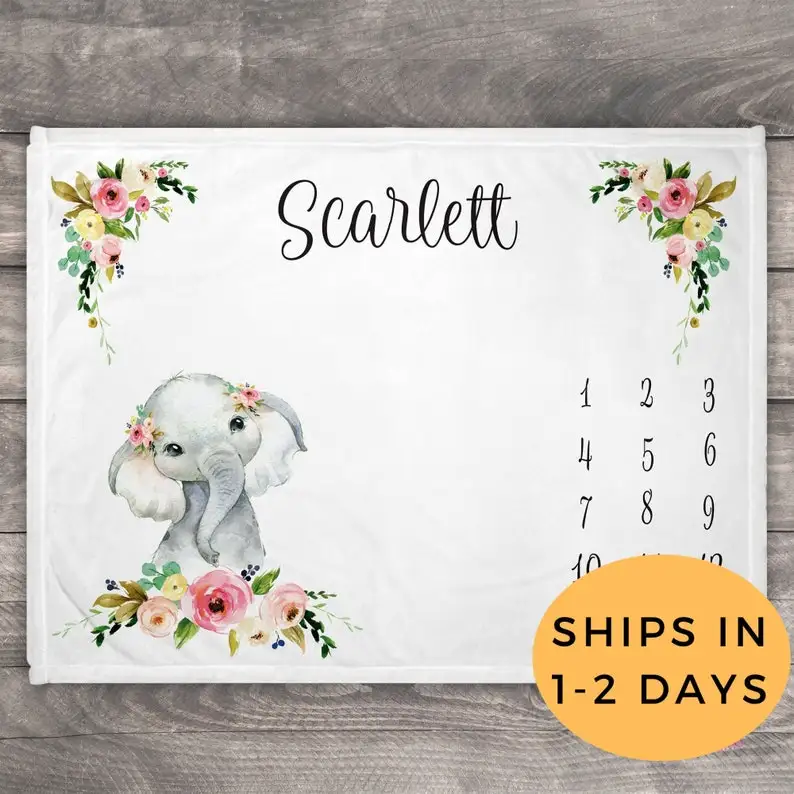 

Personalized Grey Baby Blanket With Elephant, Milestone Blanket, Boho Floral Blanket, Watercolor Floral Baby Blanket, Growth Cha