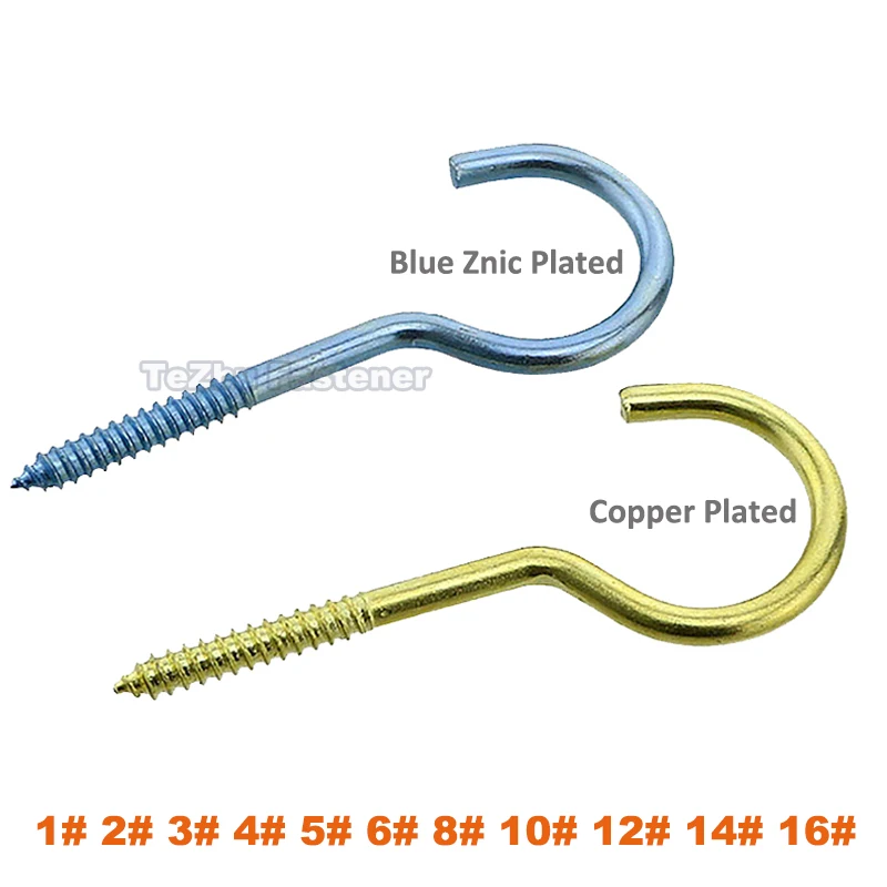 

2-50pcs 1#-16# Hook Self Tapping Wood Screws Question Mark Opening Sheep Eye Lamp Hook Thumb Screw Bolt Copper/Blue Znic Plated
