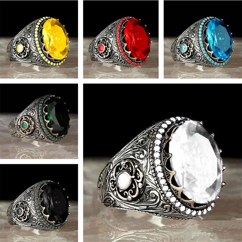 

Retro Men's Ring Red Blue Yellow Black and White Gemstone Ring Inlaid Turquoise Gothic Fashion Personality Wedding Jewelry