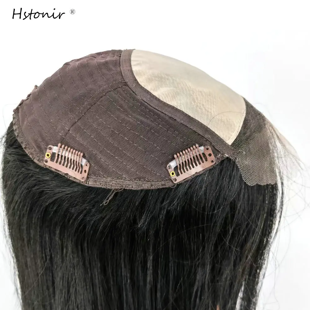 Hstonir Lace Front Silk Natural Hair 100% Human Blond Punk Toupee Women European Remy Hair Pads Hair Clips For Lady Topper TP46