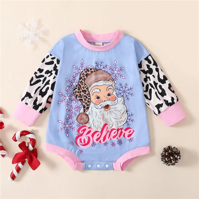 

Infant Newborn Baby Christmas Romper, Long Sleeve Round Neck Santa Claus Print Bodysuit XMAS Playsuit, 0-18Months