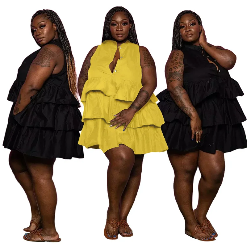 Plus Size 5xl Loose Dresses Women Summer Wholesale Solid Sleeveless Buttons Ruffle Casual Knee Length Mini Dr 3xl 4xl 5xl 6xl
