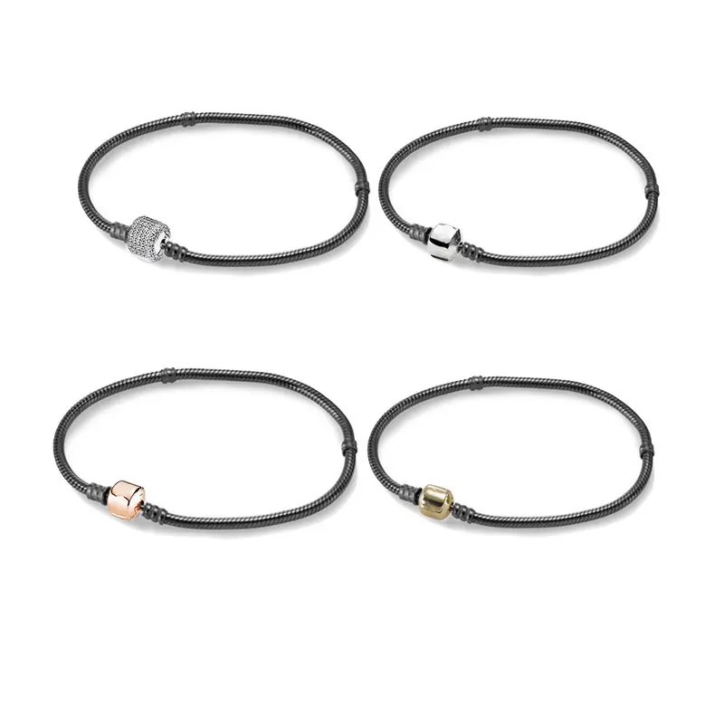 

PAN Black Charms Bracelet For Women Men 925 Sterling Silver Buckle Clasp Fit Original Bead For Jewelry Making Snake Chain Gift